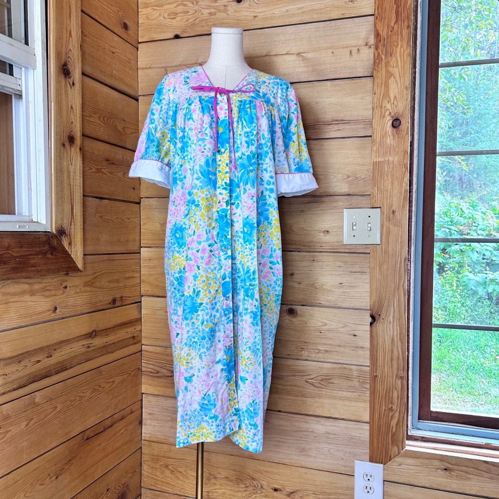 Vintage Housecoat Duster Robe Women Large Blue Pink Watercolor Floral Snap MCM